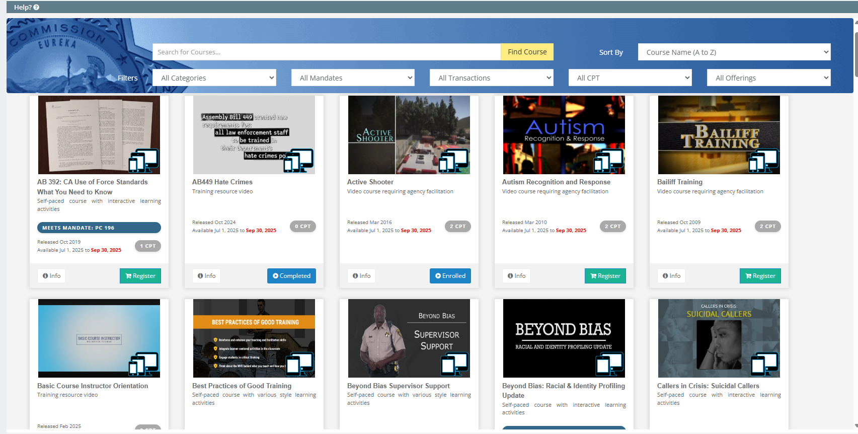 Register for Courses Dashboard